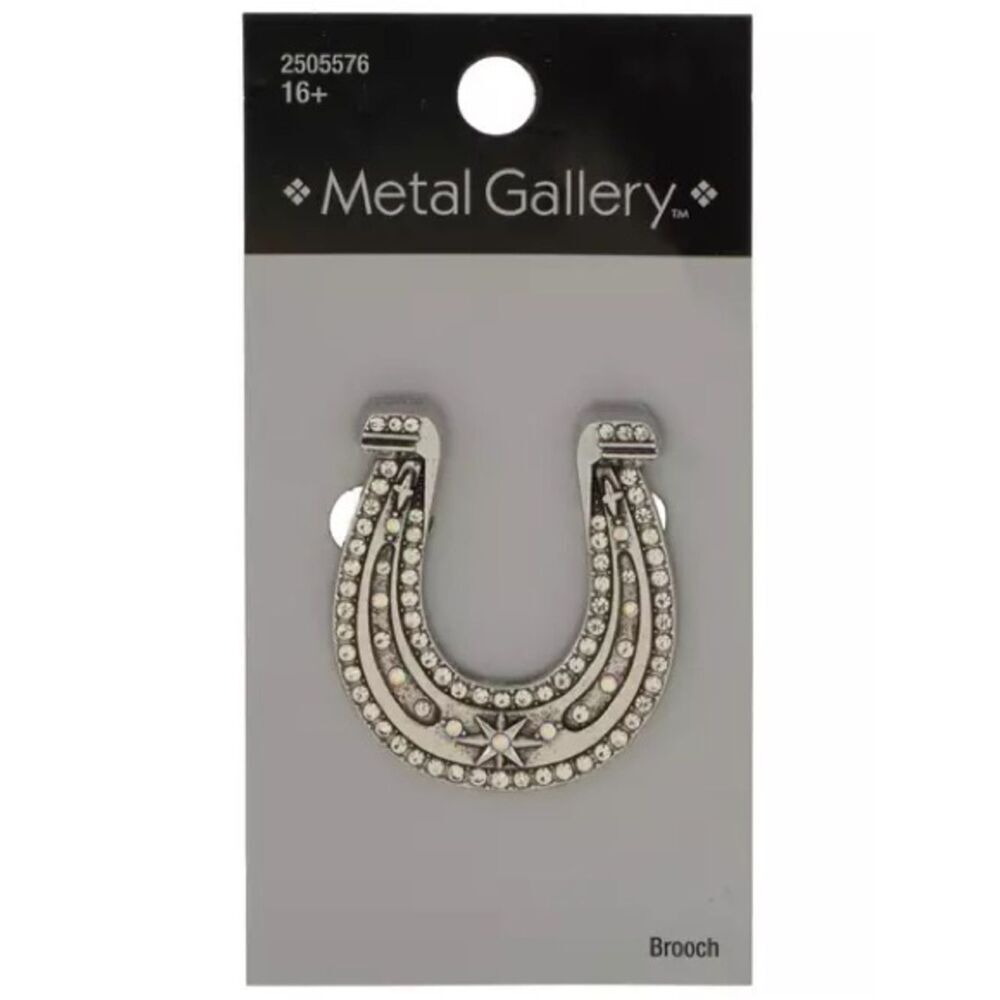 New Metal Gallery Silver Horseshoe Brooch with Crystal Accents